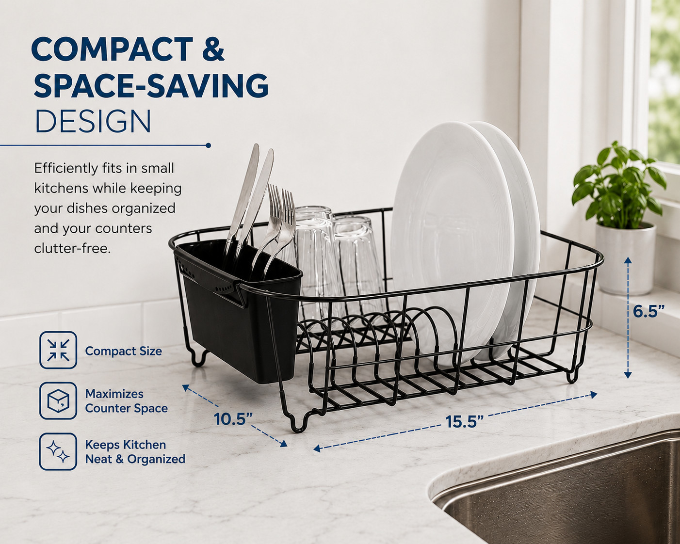 Dish Drainer Rack with Removable Utensil Holder Kitchen Counter Drying Organizer