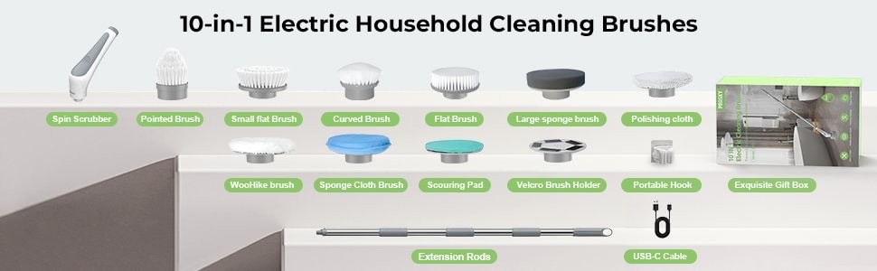 Electric Spin Scrubber Extra Length 9 Brush Heads Retractable Handle IPX8