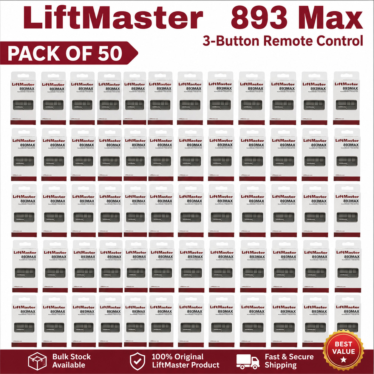50 Pack 893MAX LiftMaster OEM 3 Button Remote Control Garage Door Opener