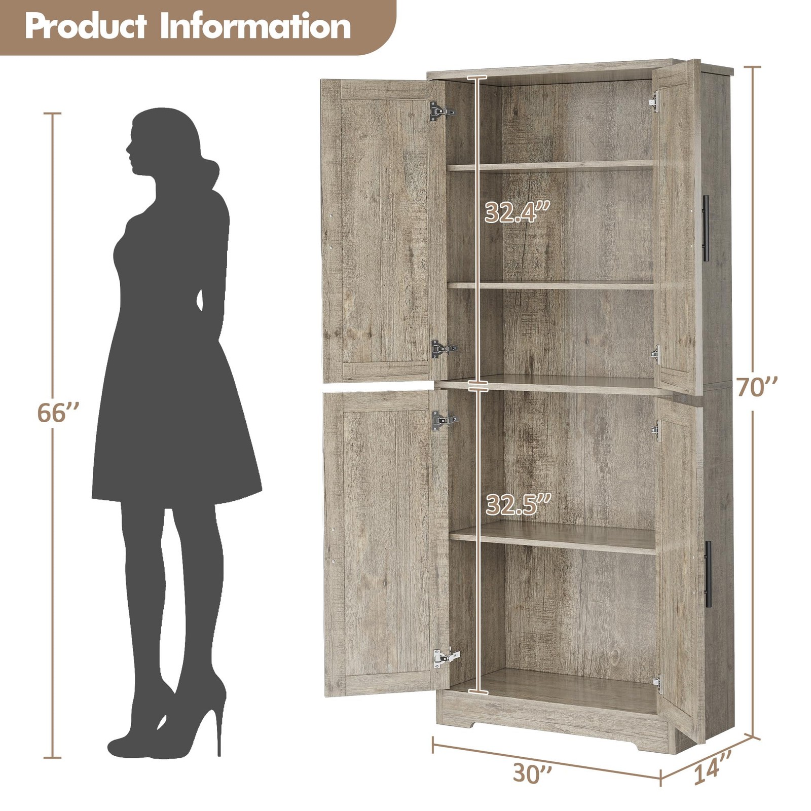 70″ Tall Kitchen Pantry Cabinet Storage Cabinet W/ 4 Doors & Adjustable Shelves