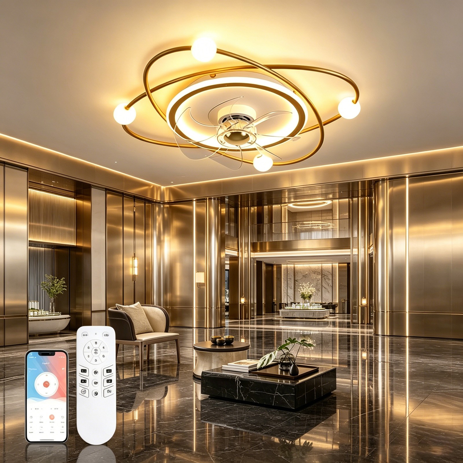 Stylish Gold Ceiling Fan & Light Combo Dimmable Interior Home Lighting Fixture