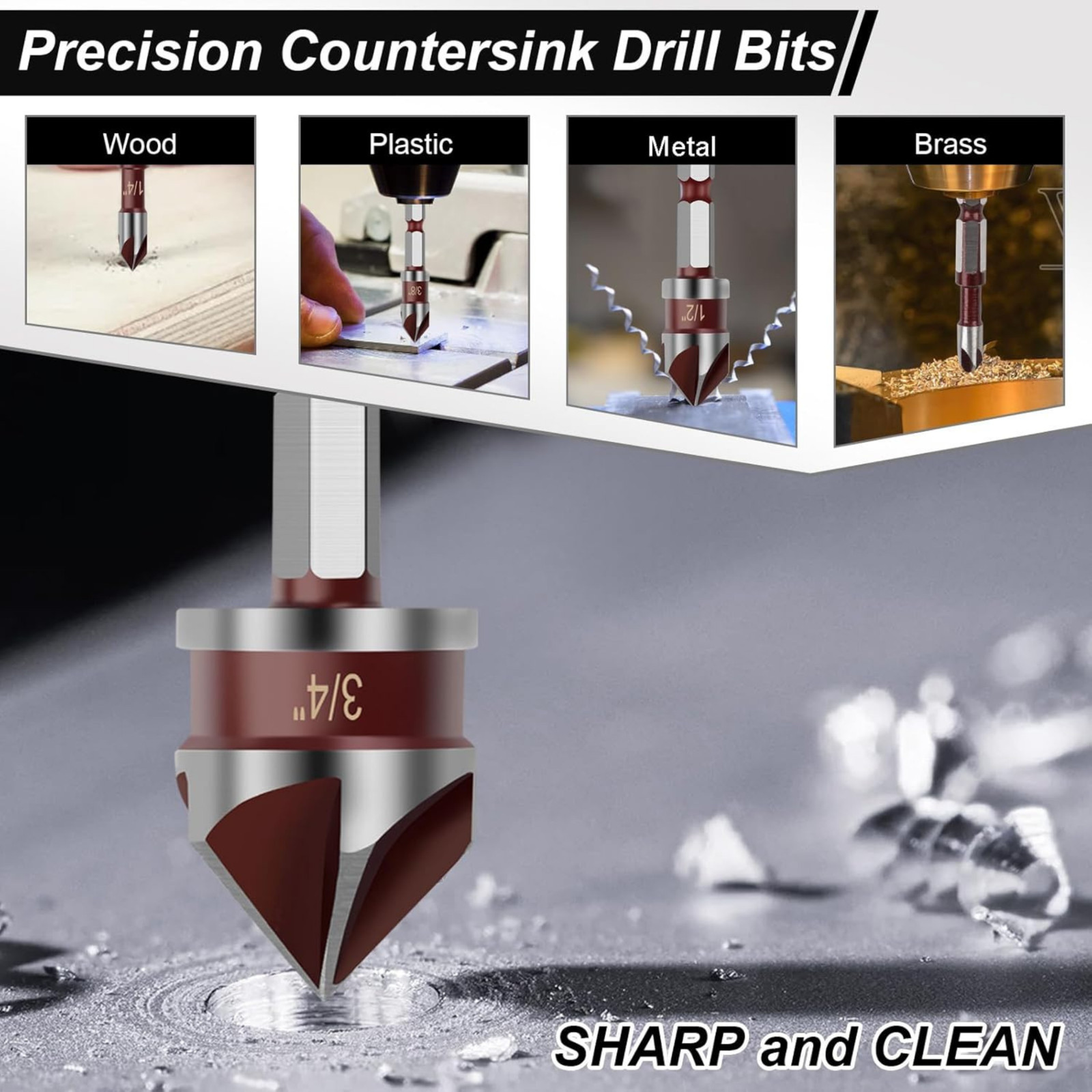 5pcs HSS Countersink Drill Bit 82° 1/4″-3/4″ with 1/4″ Hex Shank