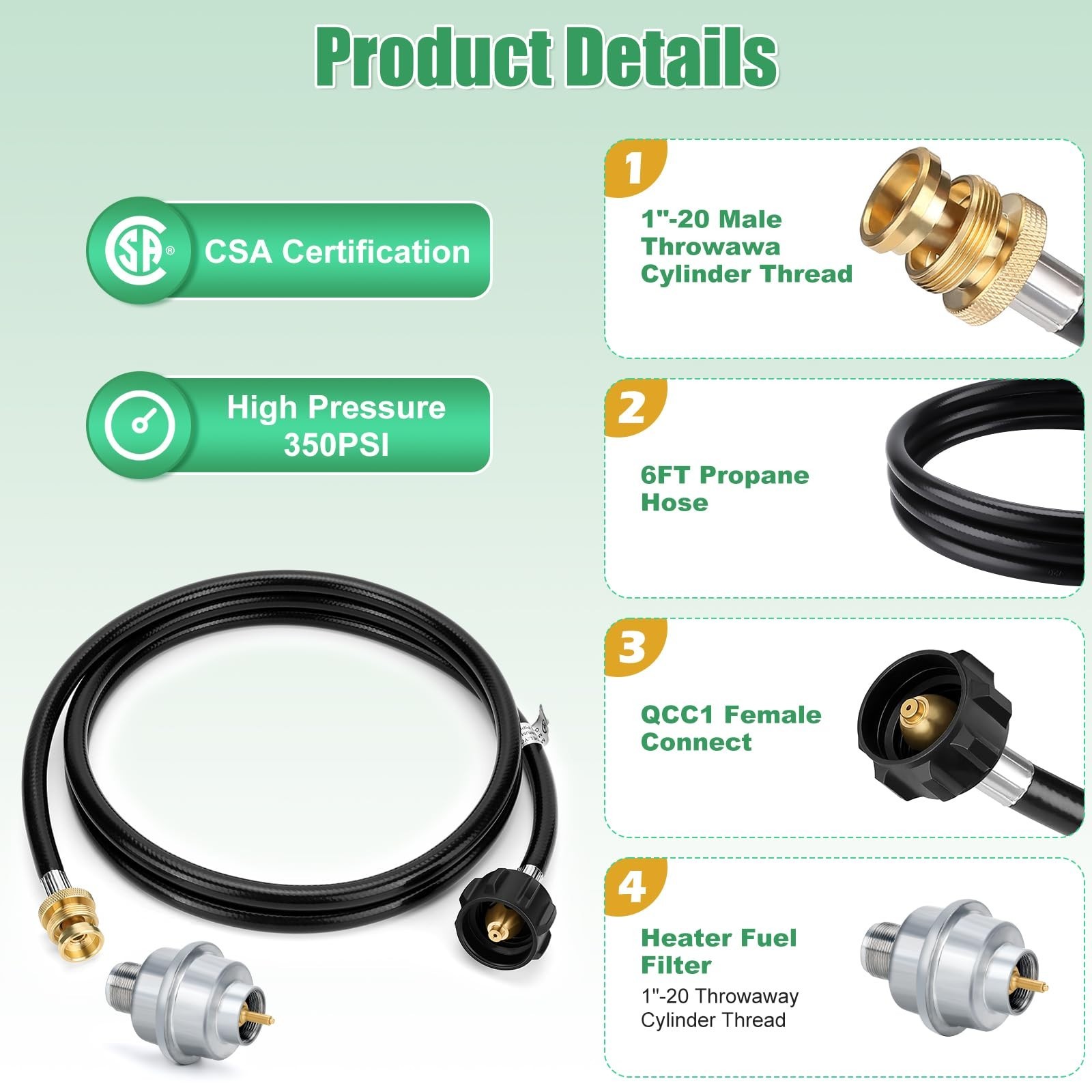 6FT Propane Adapter Hose and Propane Fuel Filter to 20-40lb Propane Tanks