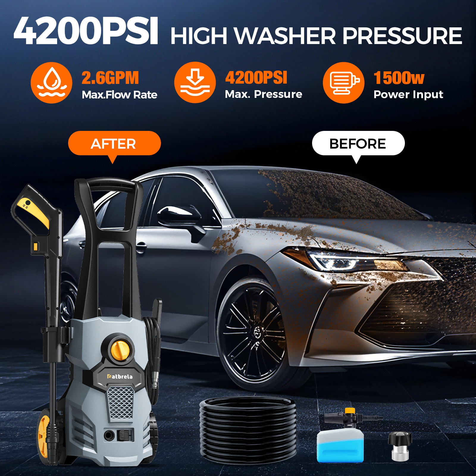 Electric Pressure Washer 4200PSI High Pressure Washer for Cars Fences Home Clean