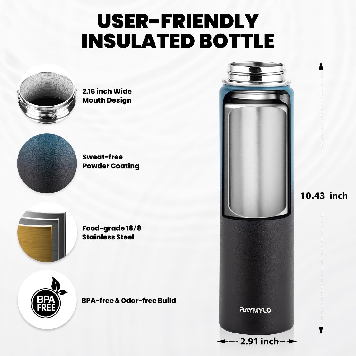 Insulated Water Bottle 24 Oz, Triple Wall Vacuum Stainless Steel (Cold for 24Hrs