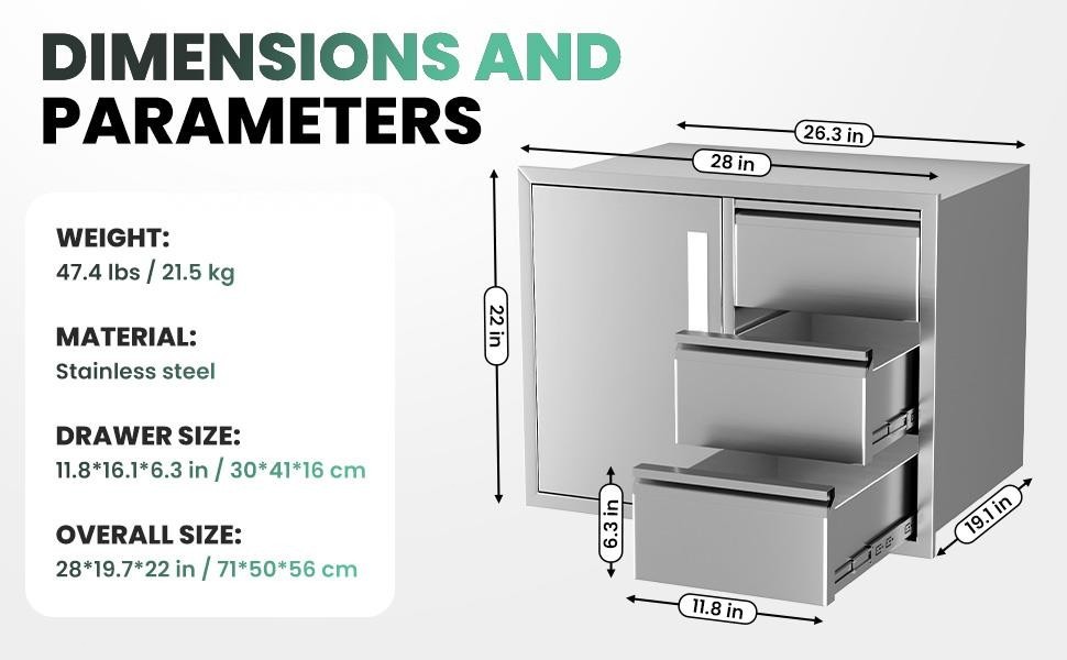 Outdoor Kitchen Door Drawer Combo 28″x22″ BBQ Triple Drawers & Access Cabinet