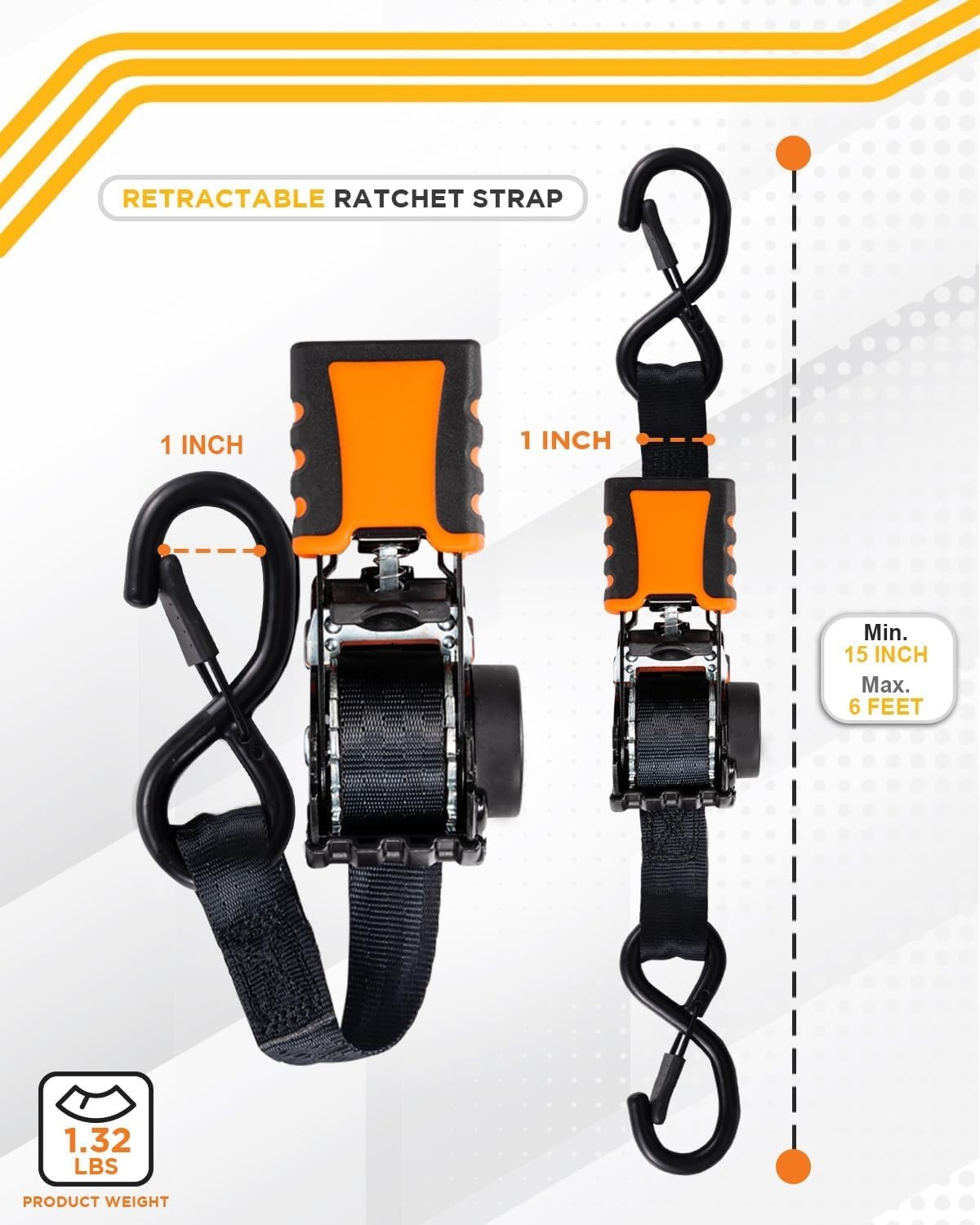 4pcs Retractable Ratchet Straps 1 in x 6 ft – 1,500LBS Breaking Strength