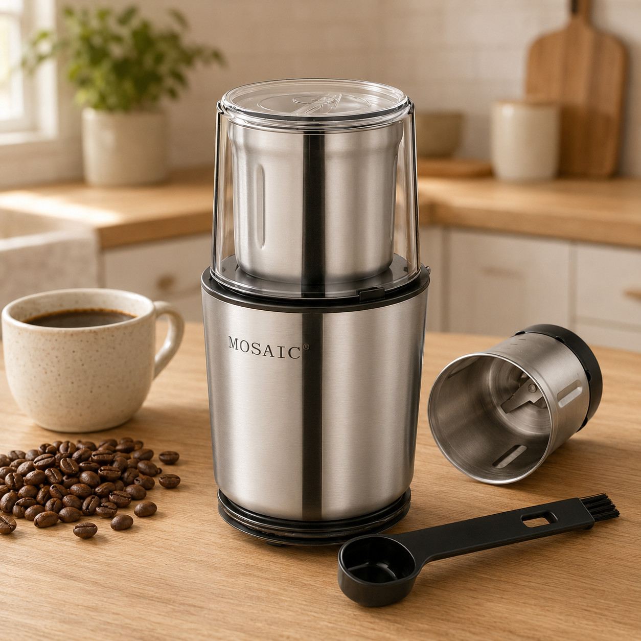 MOSAIC Electric Coffee & Spice Grinder 300W 2 Removable Cups Stainless Steel