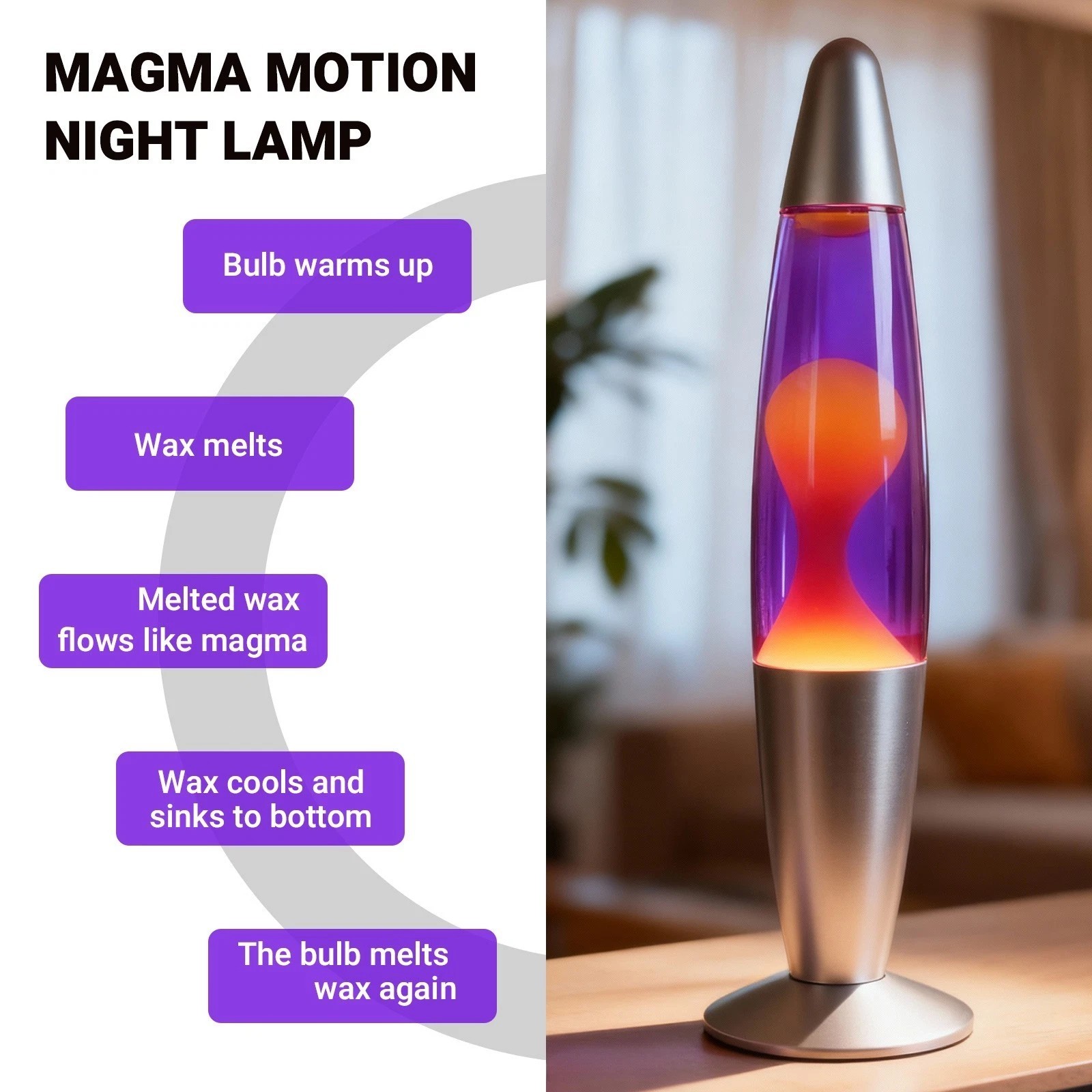 16-Inch Silver Base Lava Lamp with Yellow Wax in Purple Liquid