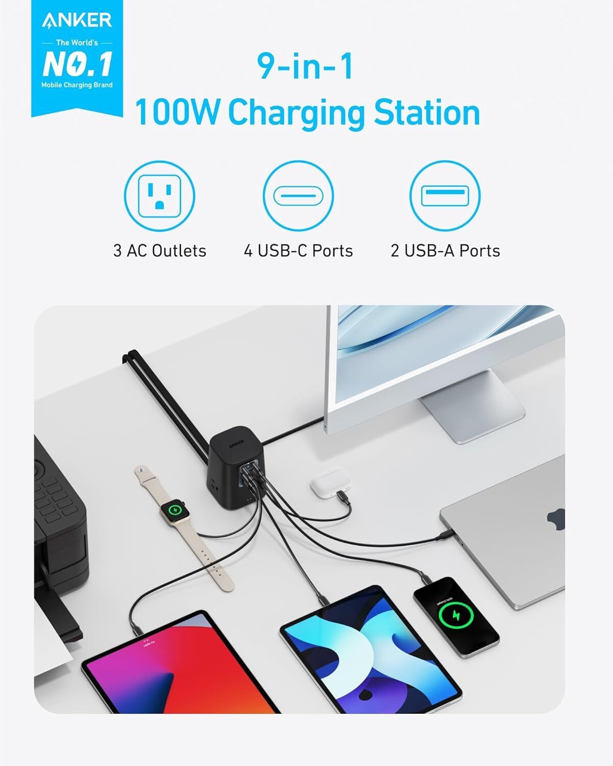 Anker 9-in-1 Charging Station 100W USB C Power Strip 300J Surge Protector, 5ft