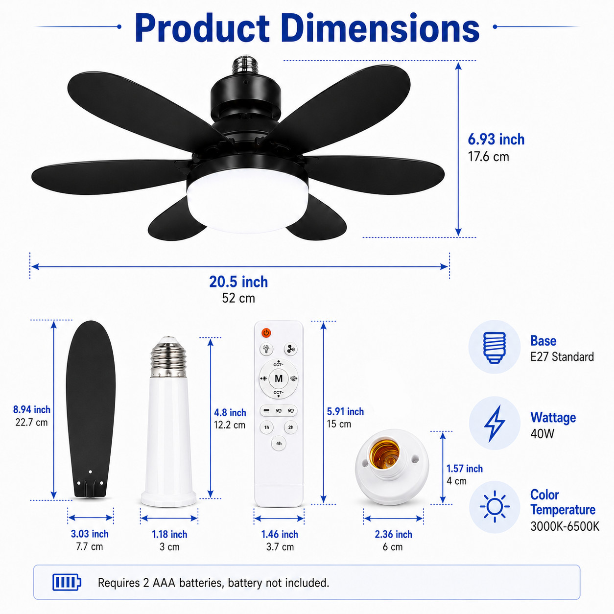 20 in Socket Ceiling Fan with Light Remote, E27 Screw In 40W Small Room Fan