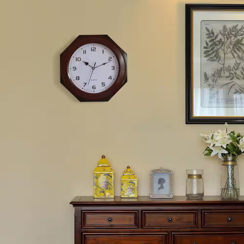 Brown Modern Decorative Octagon Shaped Wood Looking Plastic Wall Clock