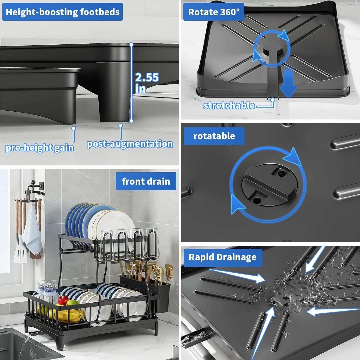 2 Tier Over The Sink Dish Drying Rack Stainless Steel Kitchen Dish Drainer Black
