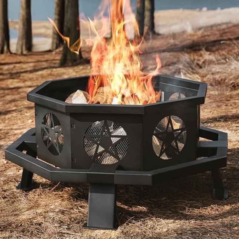 35 in Octagonal Fire Pit Outdoor Fire Pit Wood Burning Fire Pits w/Cooking Grill