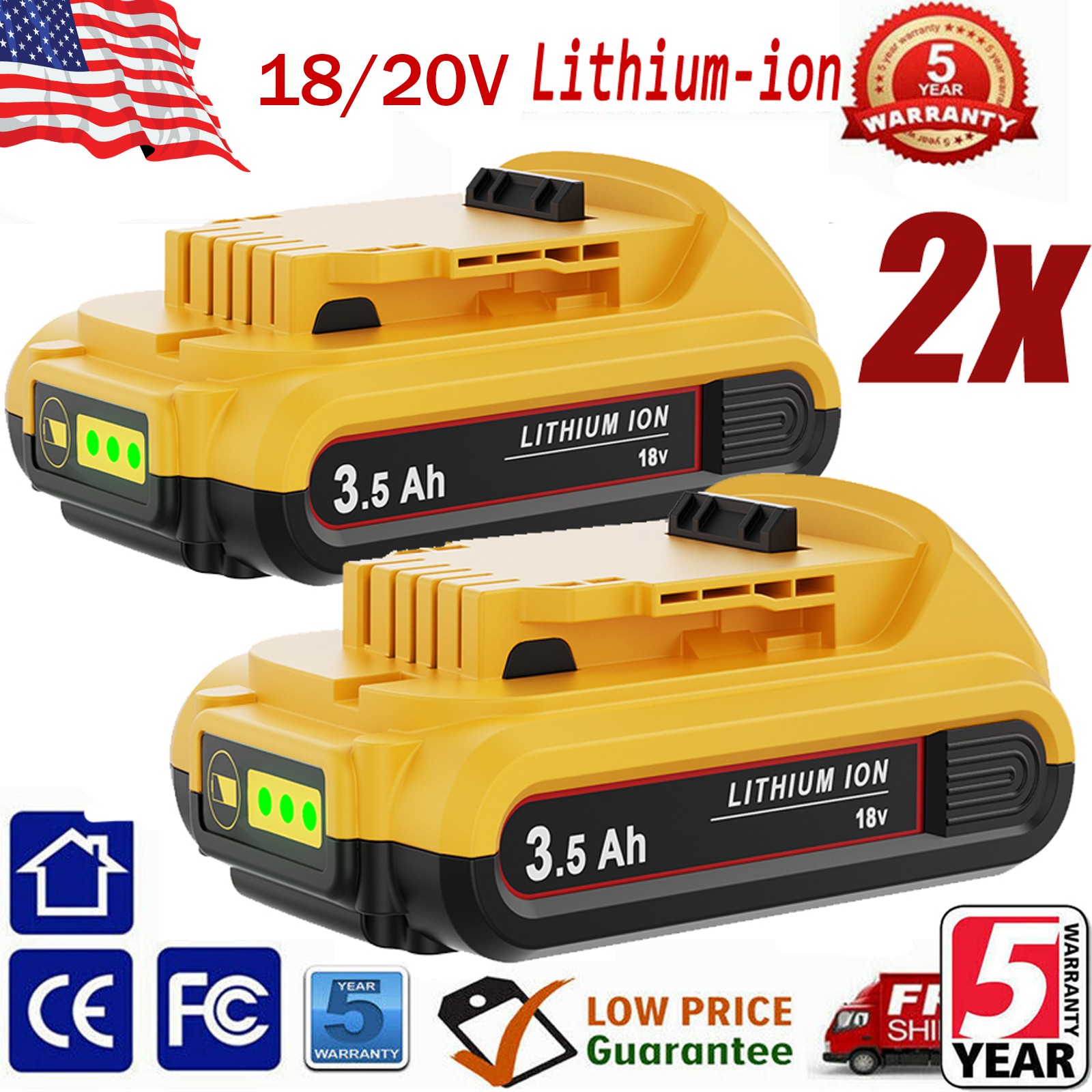 2Pack 3.5AH For Dewalt DCB201 20V Max Lithium-Ion Compact Battery DCB203 replace
