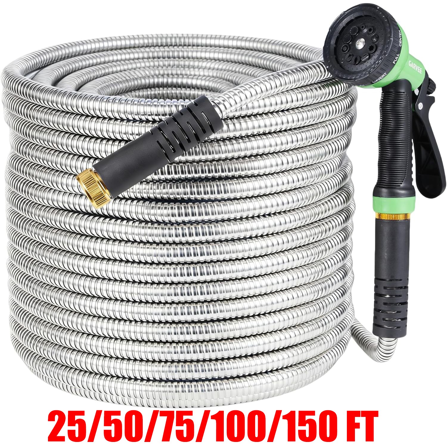 25/50/75/100FT Stainless Steel Garden Water Hose Pipe with 10-Function Nozzle