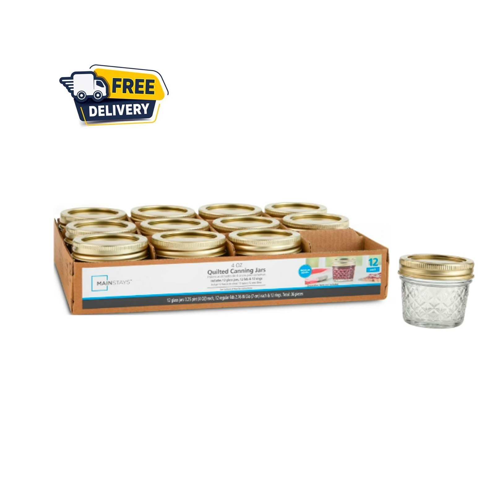 Mainstays 4 oz Quilted Mason Jars Regular Mouth 12 Pack with Lids & Rings.