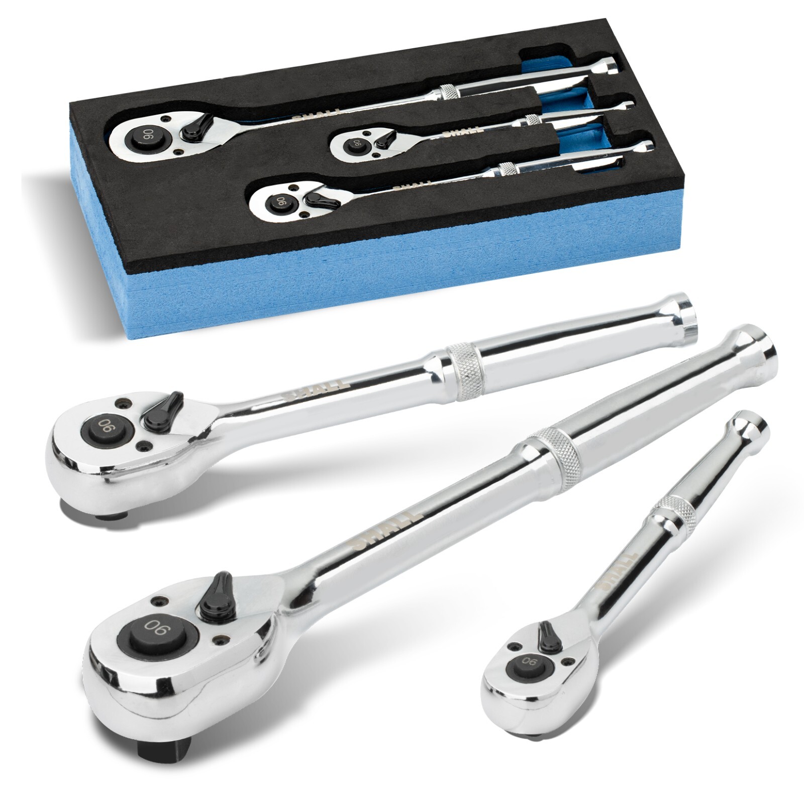SHALL 90Tooth 3-pc Drive Ratchet Wrench,Quick-Release&Reversible,1/4”3/8”1/2”