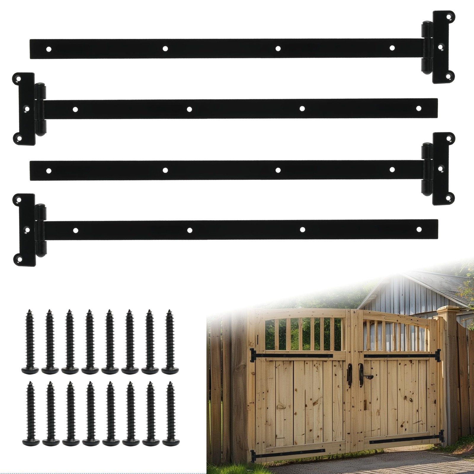 24in Heavy Duty gate Hinges 1760Lbs Capacity, 4 Pcs T-Strap 24 Inch, Black