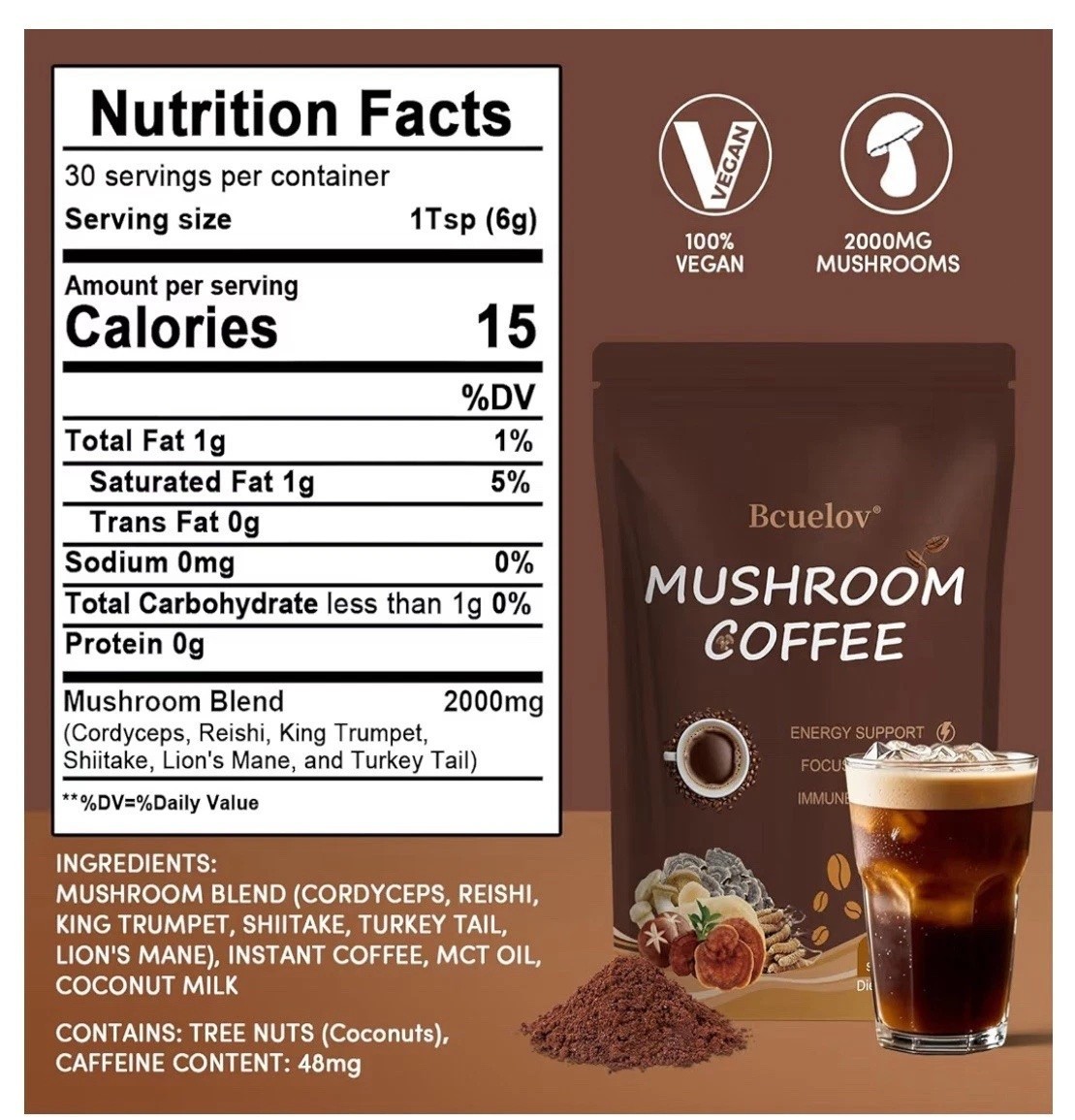 Organic Mushroom Coffee 30 Servings – 6 Mushroom Blend for Focus & Energy