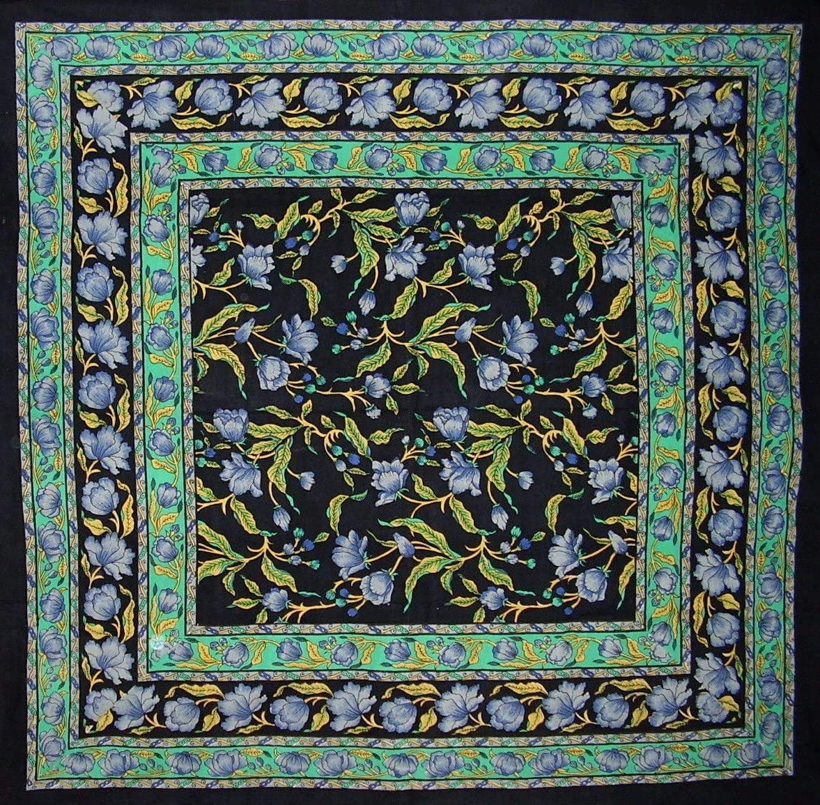 French Floral Square Cotton Tablecloth 60″ x 60″ Blue on Black