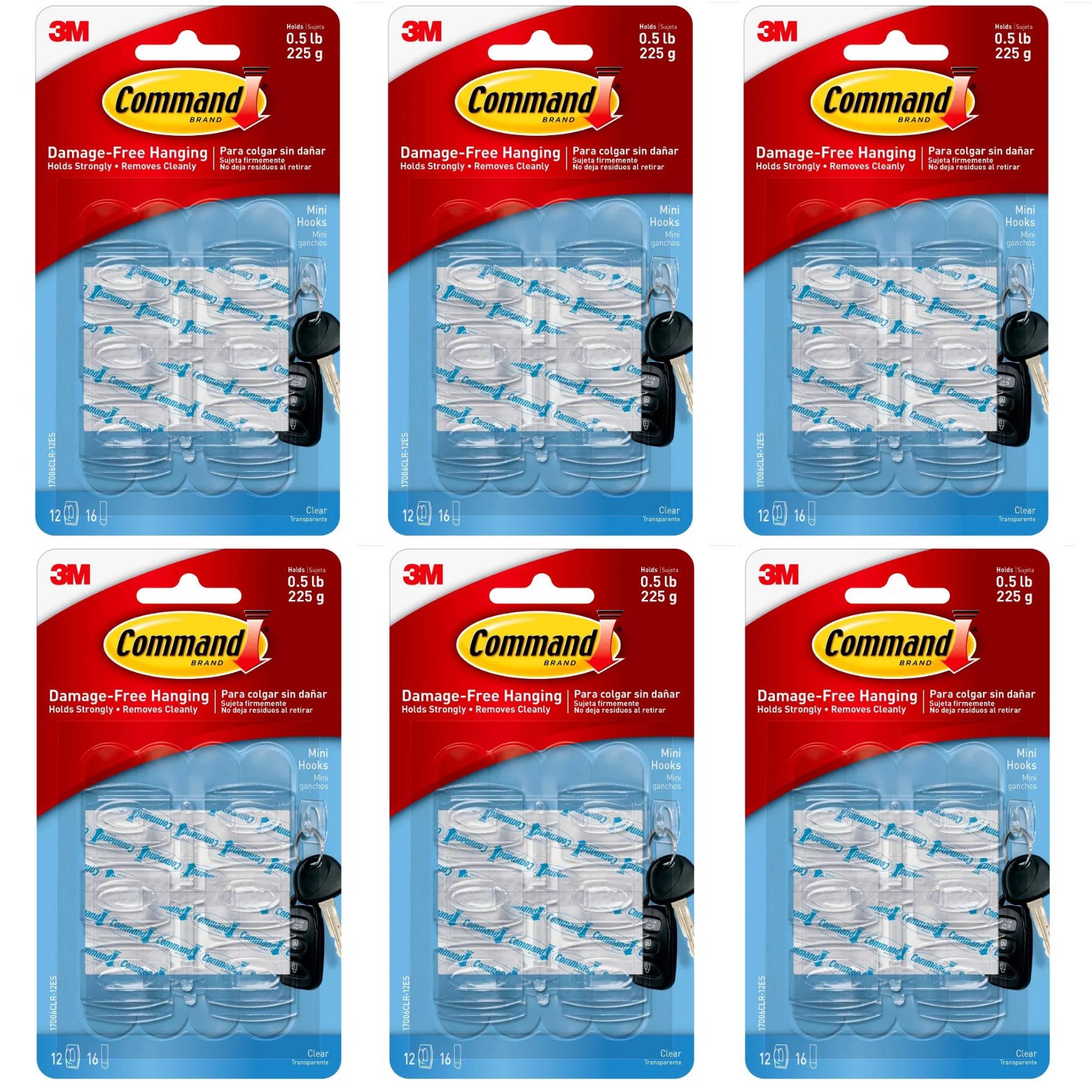 6 Packs 3M Command 12 Mini Clear Hooks & 16 Adhesive Strips Per Pack Max 0.5 lb