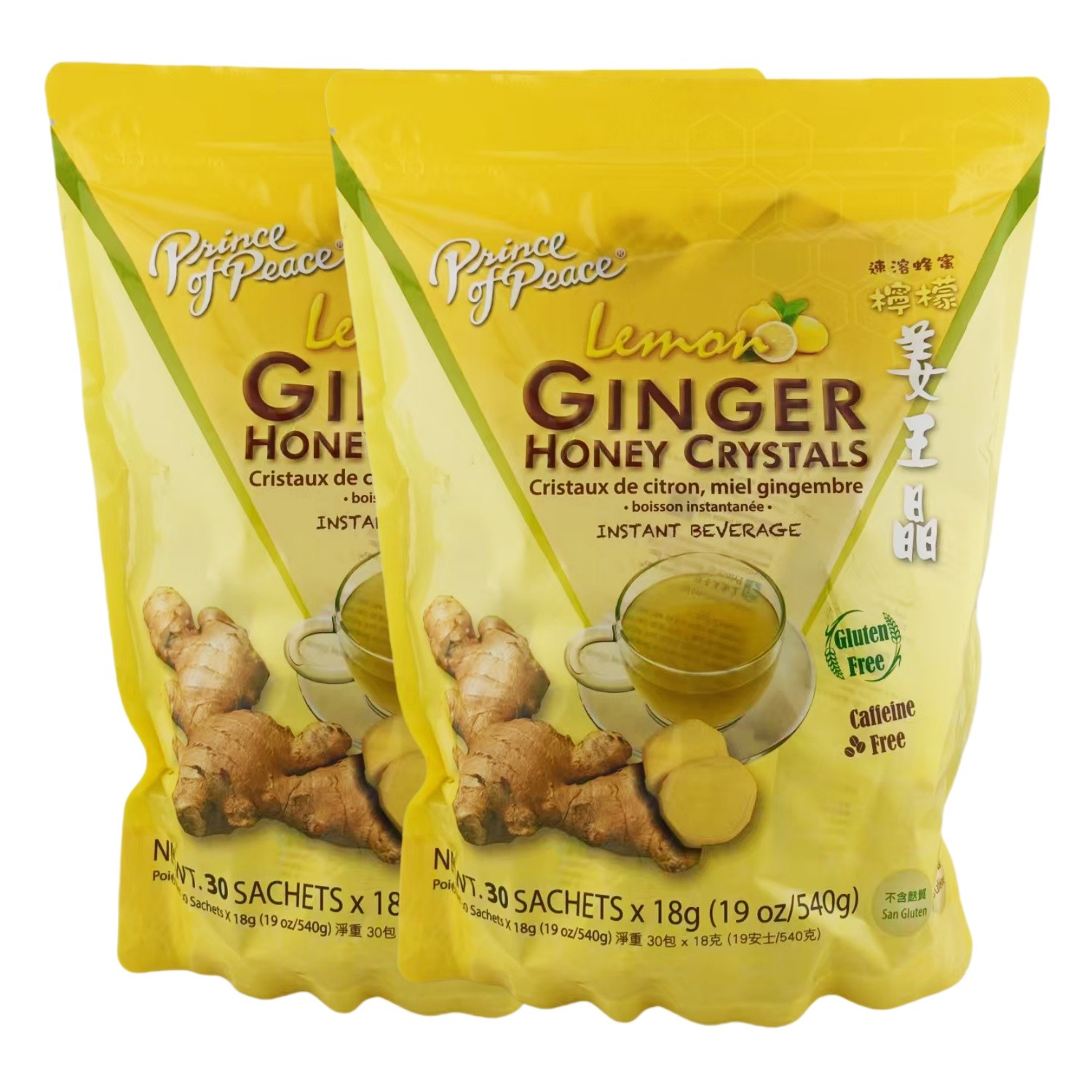 Pack of 2, Lemon Ginger Tea Instant Ginger Honey Crystals, 30 Sachets