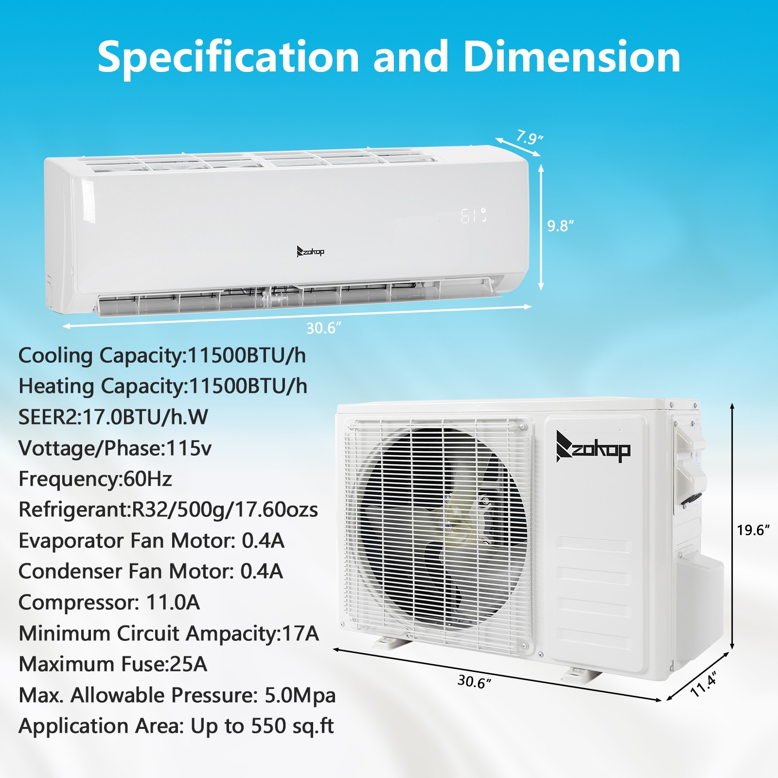 11500 BTU Mini Split Air Conditioner Heat Pump System Wifi Up to 550 Sq. Ft 115V