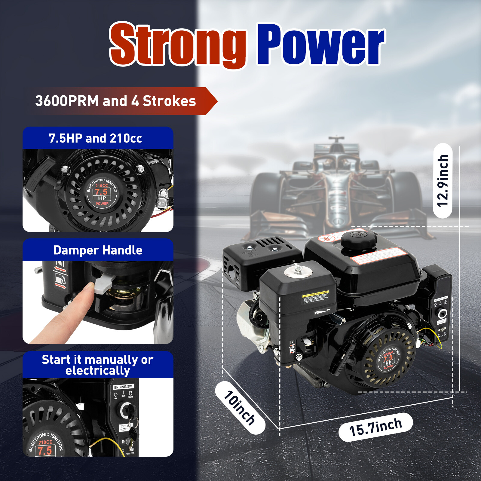 212cc 7.5 HP Electric Start Horizontal Engine Go Kart Gas Engine Motor 4-Stroke
