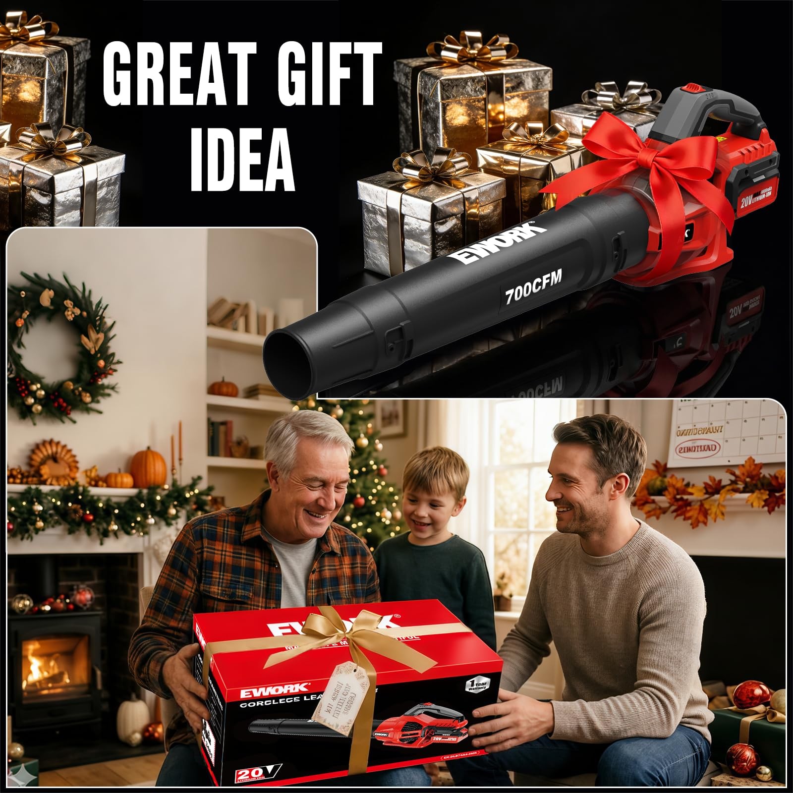 EWORK 20V Cordless Leaf Blower, Heavy Duty 700CFM 200MPH Electric Leaf Blower—
