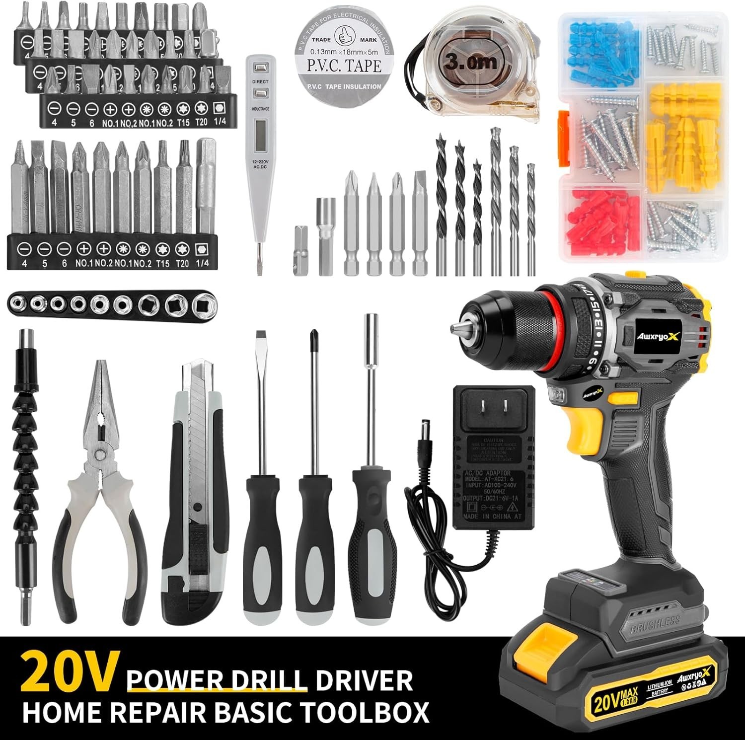 NEW Brushless Cordless Drill Set 20V 60Nm 135pcs Tool Kit 2 Battery
