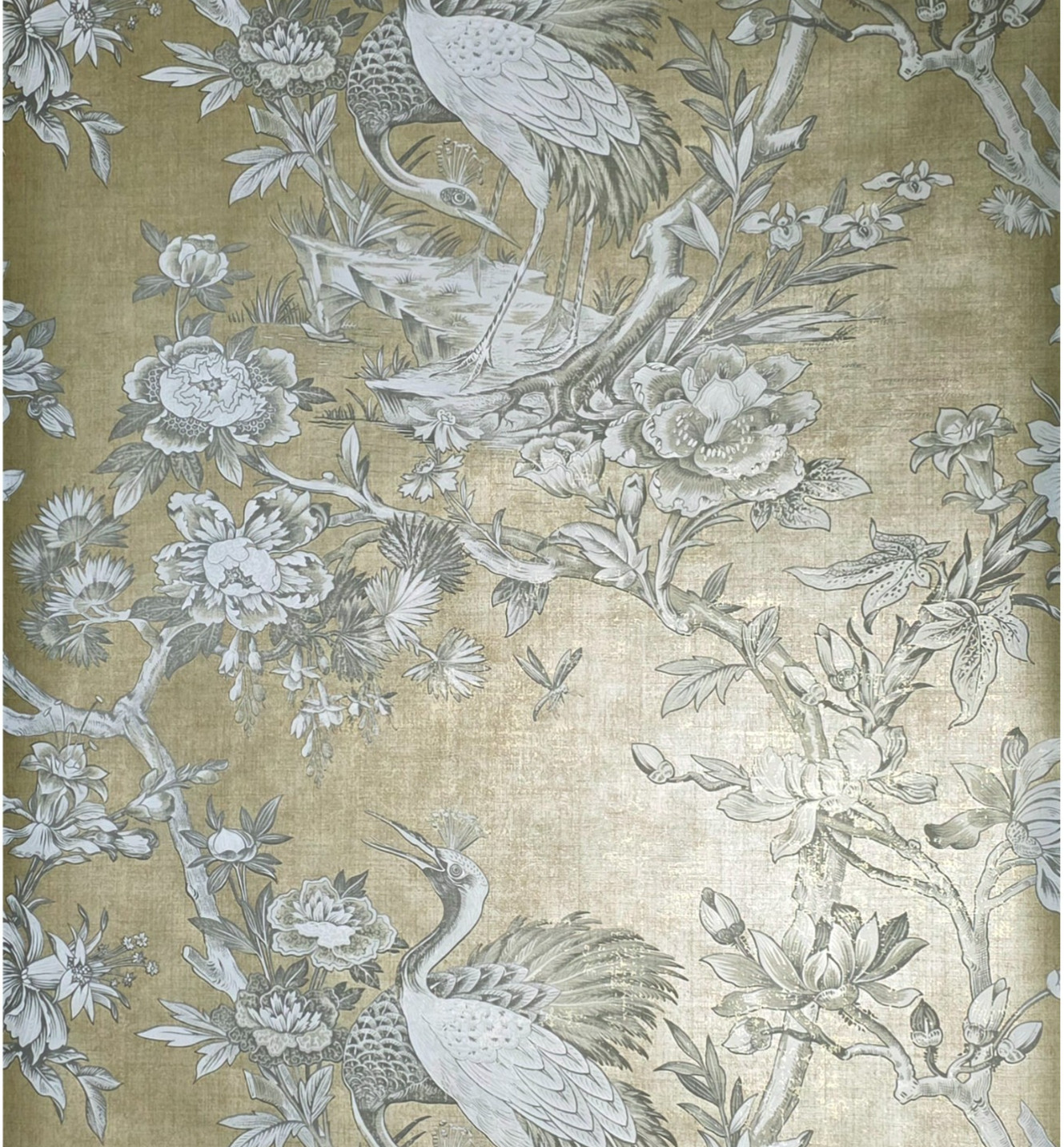 Gold foil metallic gray Chinoiserie blooming peonies branches cranes wallpaper