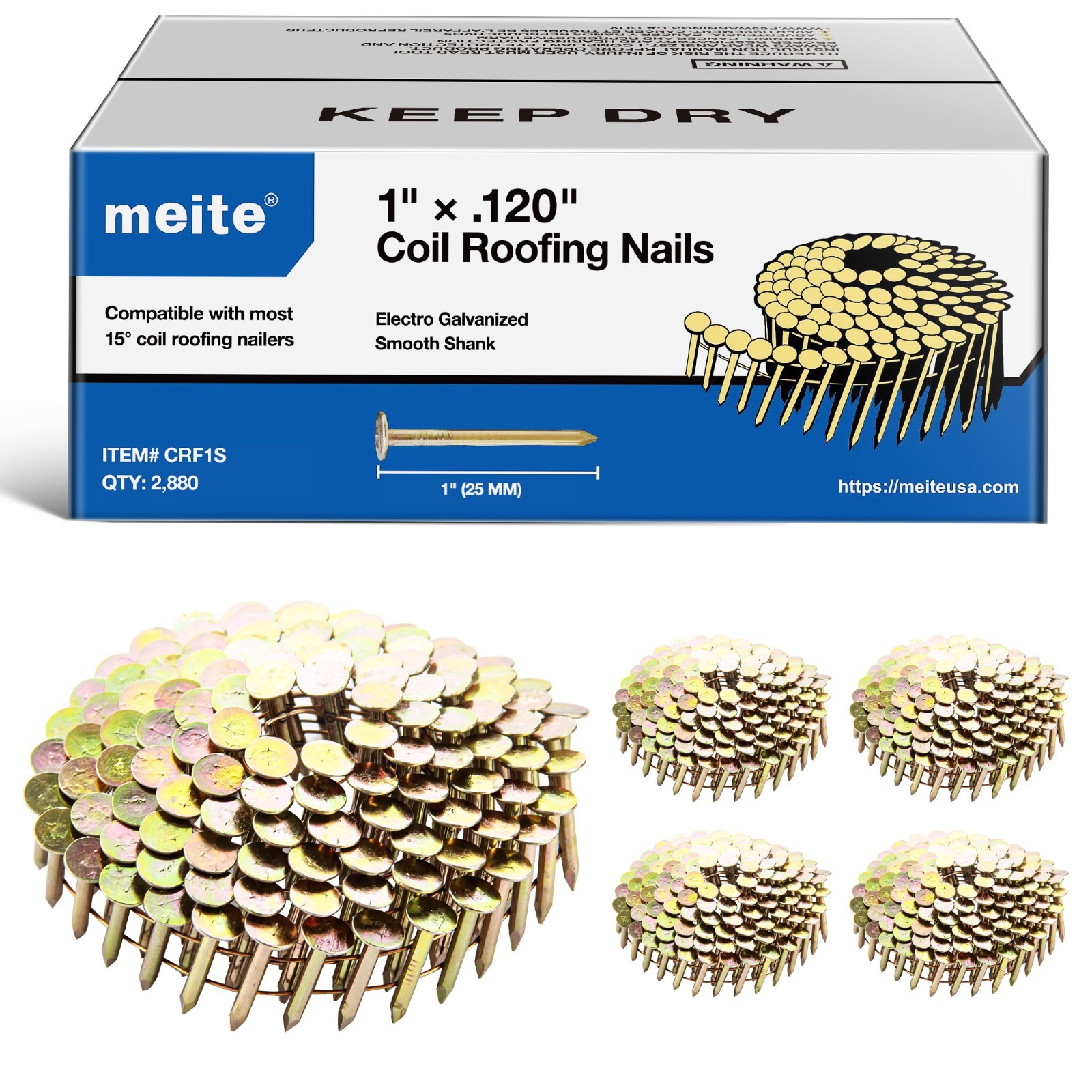 2,880 Counts meite 15 Degree Coil Roofing Nails 1″ to 1-3/4″ Length Round Head