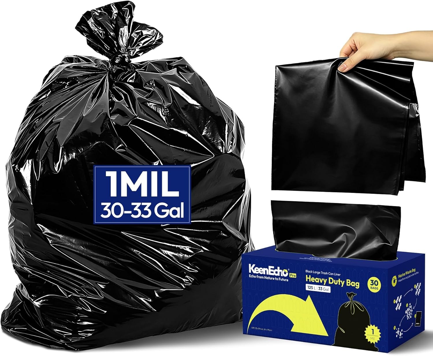 Heavy Duty Trash Bags 33 Gallon 30 Count, 1.0 Mil, Strong Black Garbage Bags,