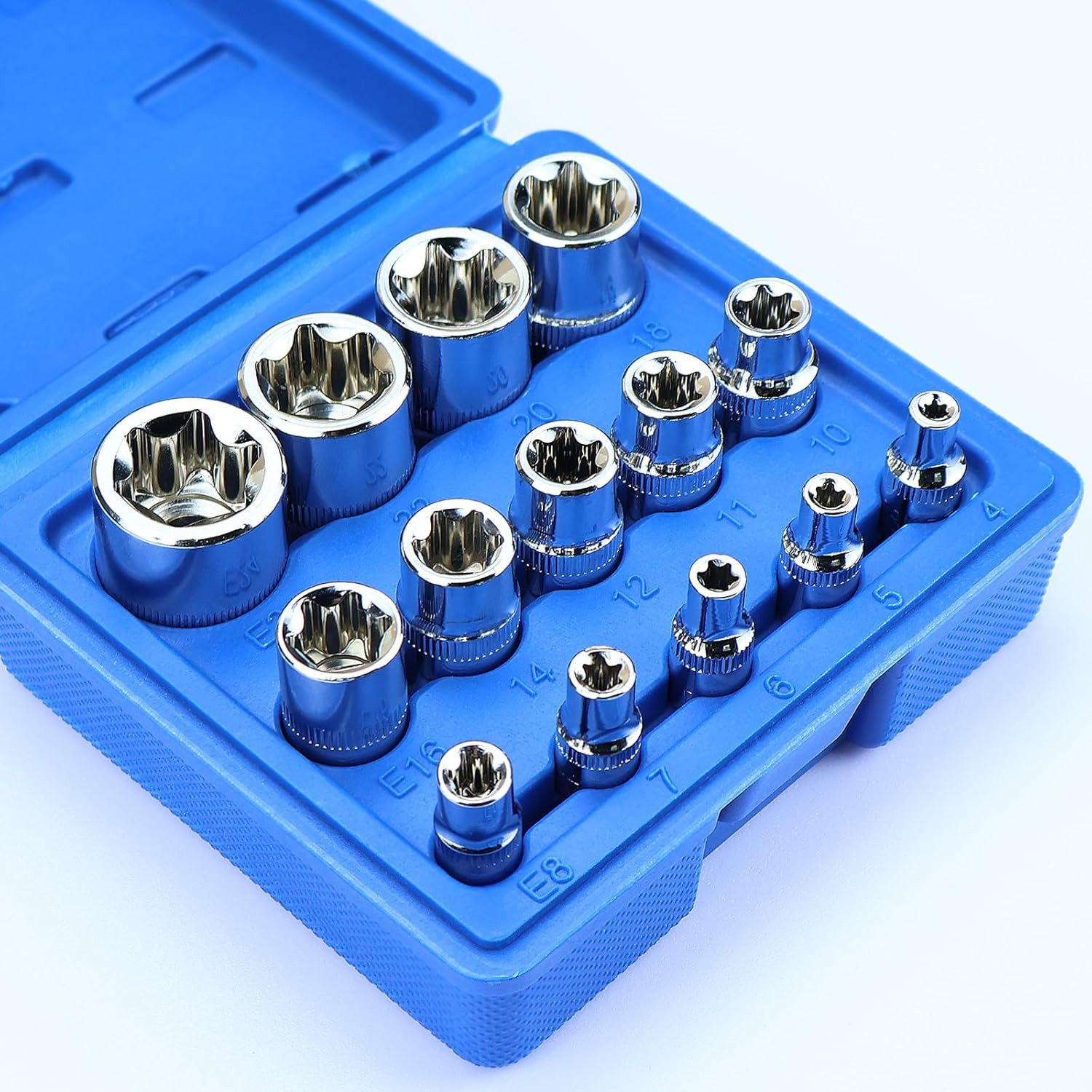 14-Piece Female E-Torx Socket Set, E4-E24 External Star Sockets, 1/4″ 3/8″ 1/2″