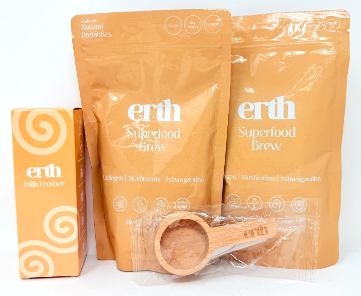 Erth Superfood Brew Coffee w/ Collagen Mushrooms & Ashwagandha 2 Pack + Frother