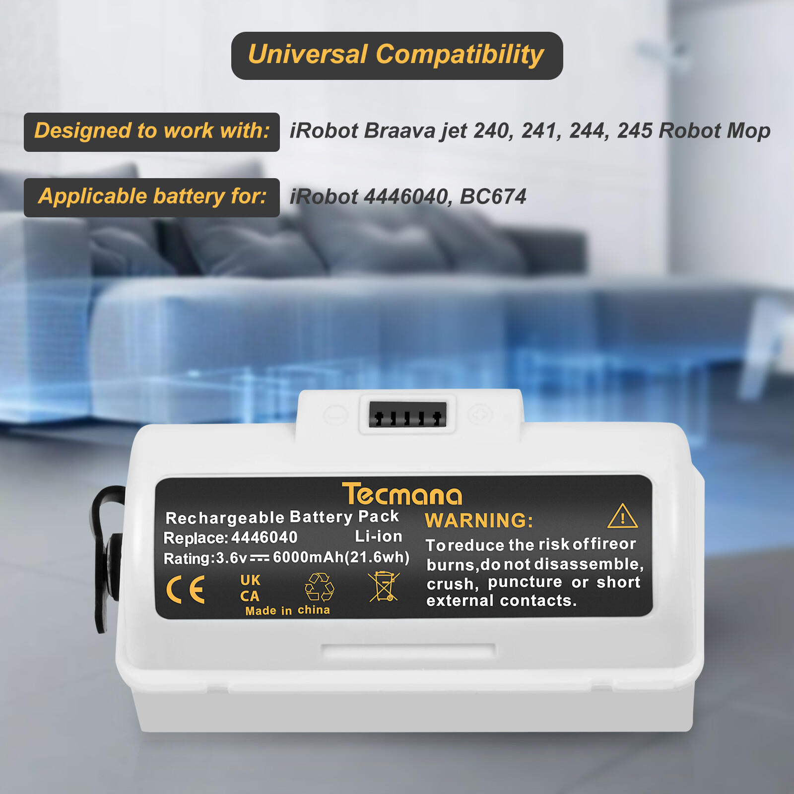6000mAh 3.6V Li-Ion 4446040 Battery for iRobot Braava Jet 240 241 244 245