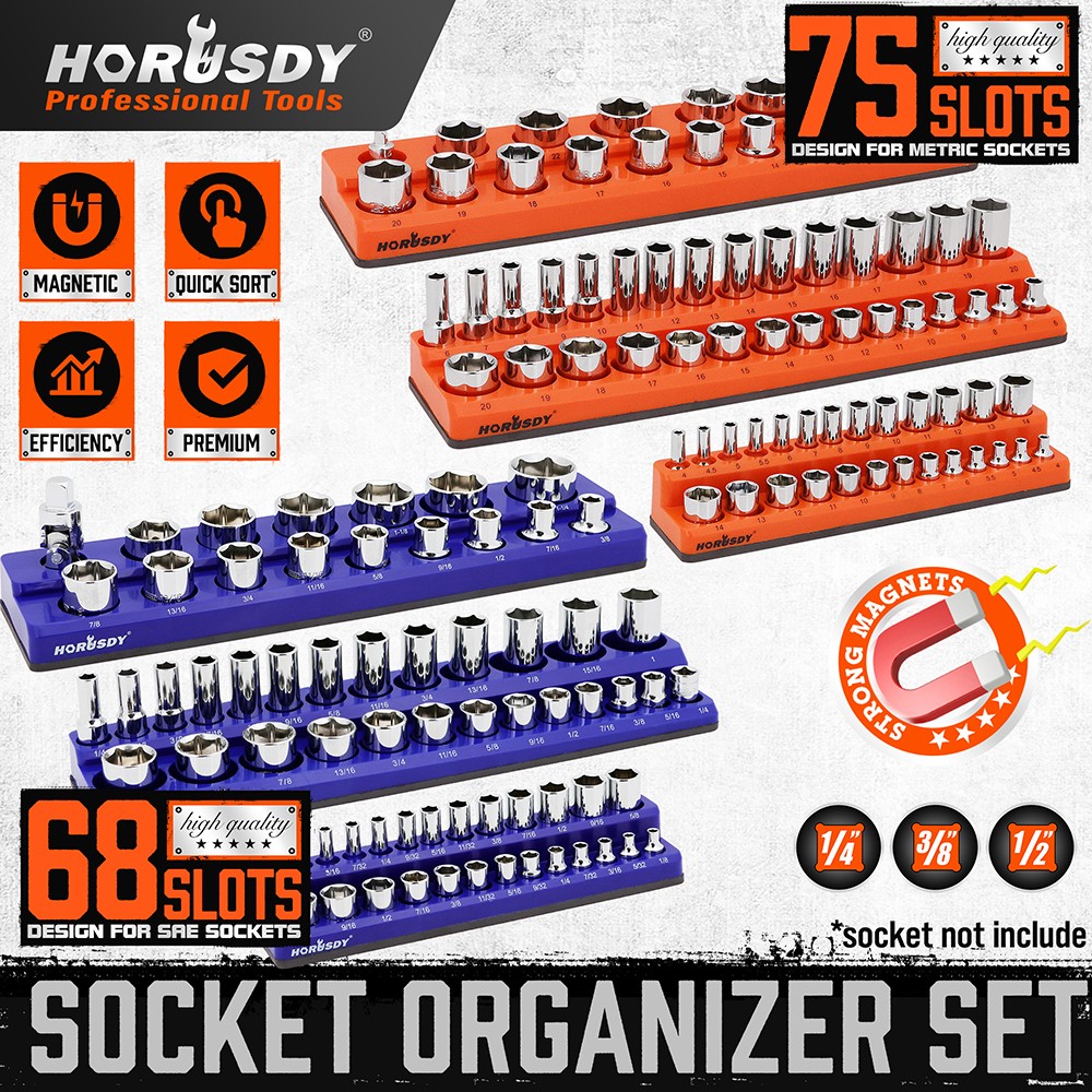6PC Magnetic Socket Organizer Storage Holder Set 1/4 3/8 1/2 Metric SAE 143 Slot