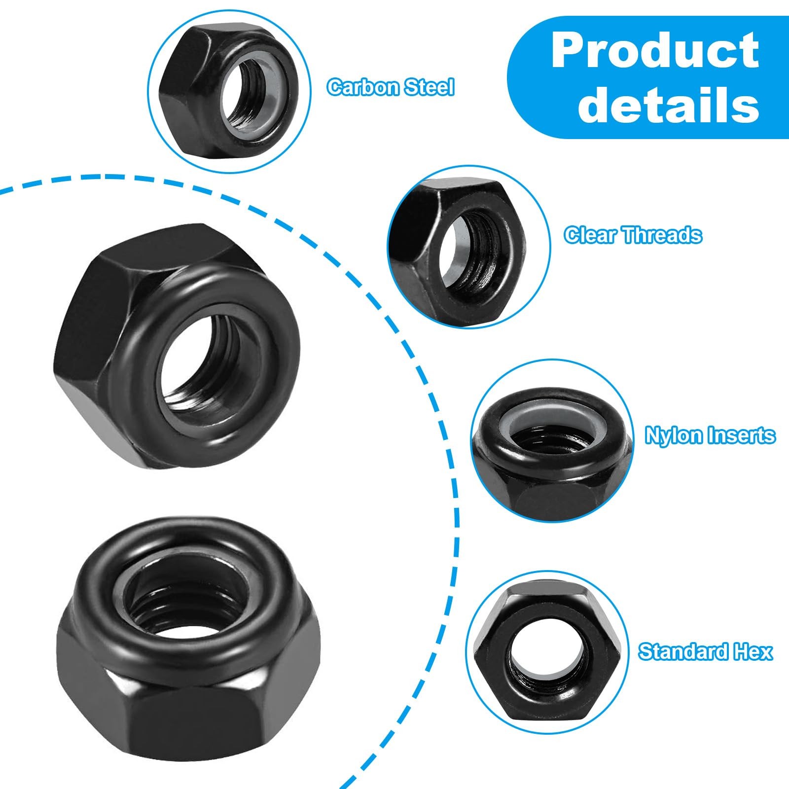 Yinpecly 50Pcs M8 x 1.25mm Nylon Insert Hex Lock Nuts Carbon M8; 50pcs, Black