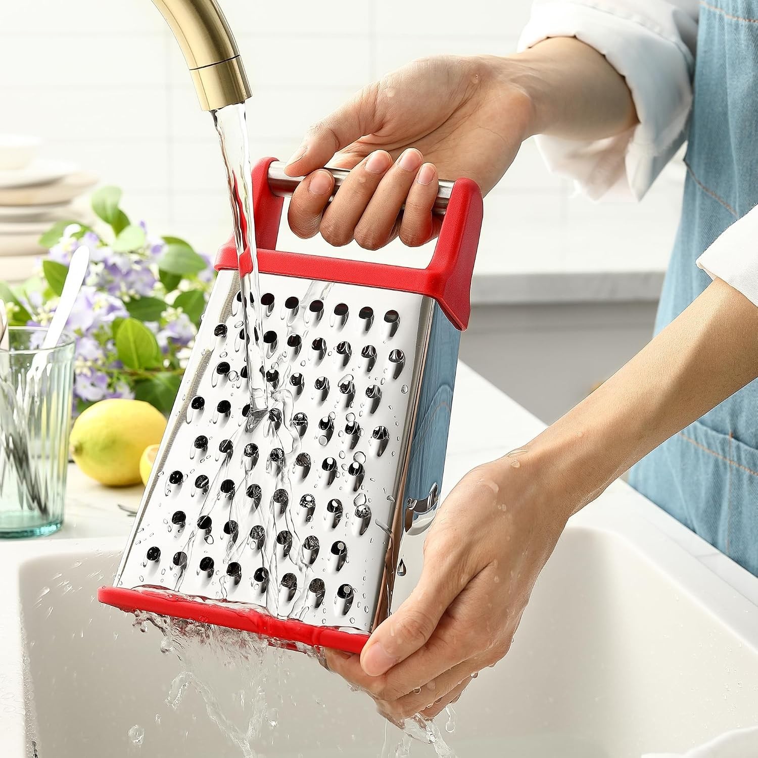 Stainless Steel XL Cheese Grater for Kitchen, Red | 4 Sided Manual Metal Box …