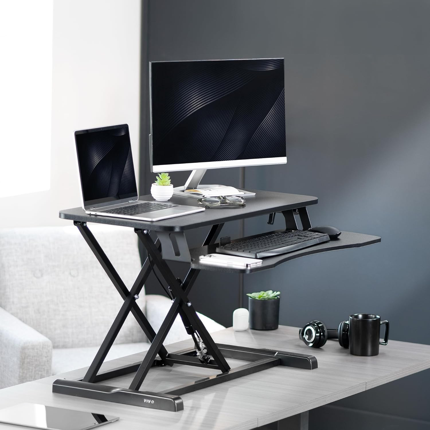 VIVO 32 Inch Desk Converter, K Series, Height Adjustable Sit to Stand Riser, Dua
