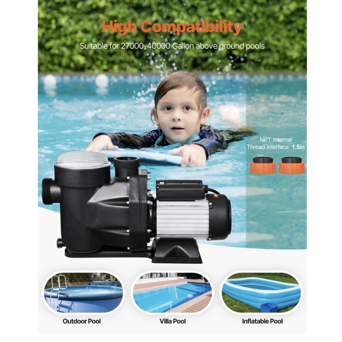 VEVOR 2.5 HP Above Ground Swimming Pool Pump Single Speed 148 GPM 3450 RPM 220V
