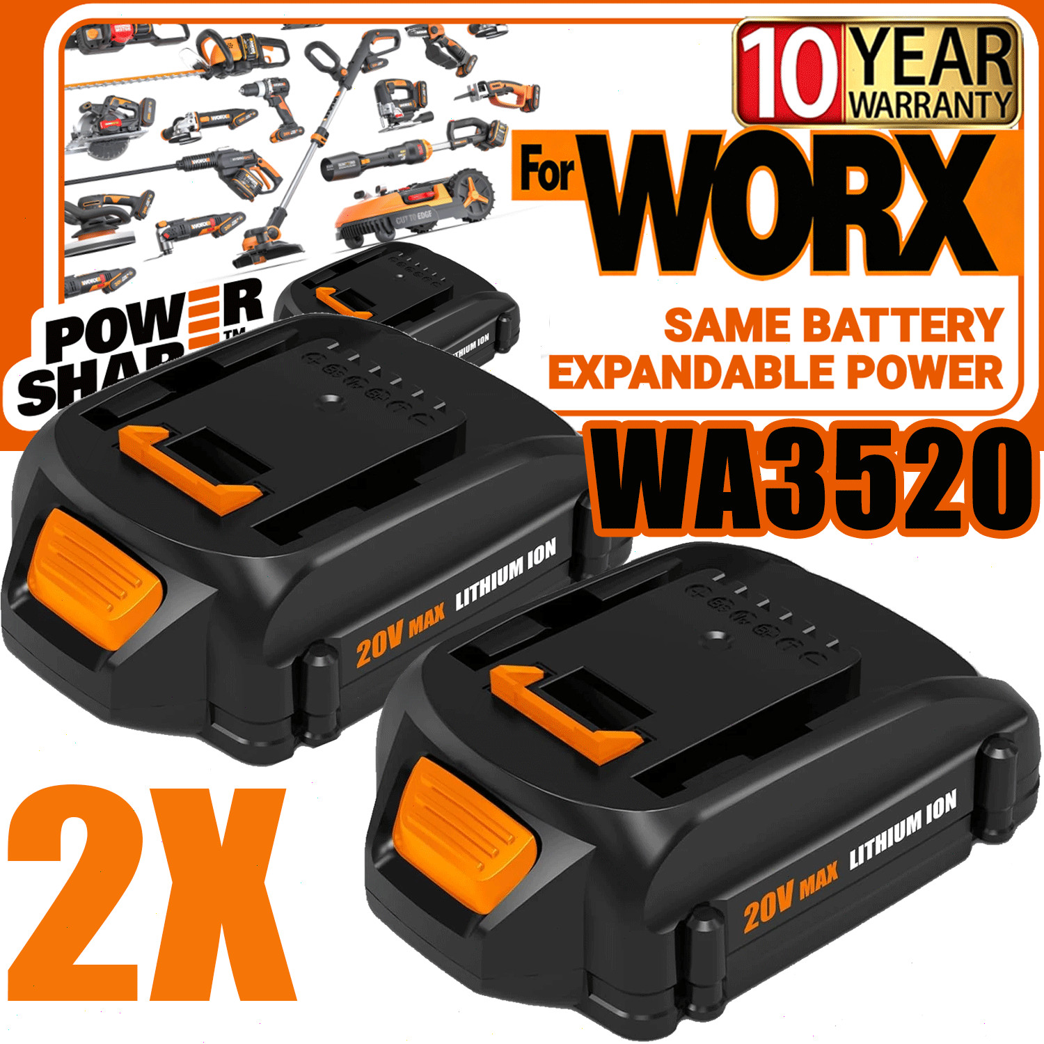 2pack 20V For WORX Extend Lithium-ion Battery 20 Volt WA3520 WA3525 WA3575 WG155