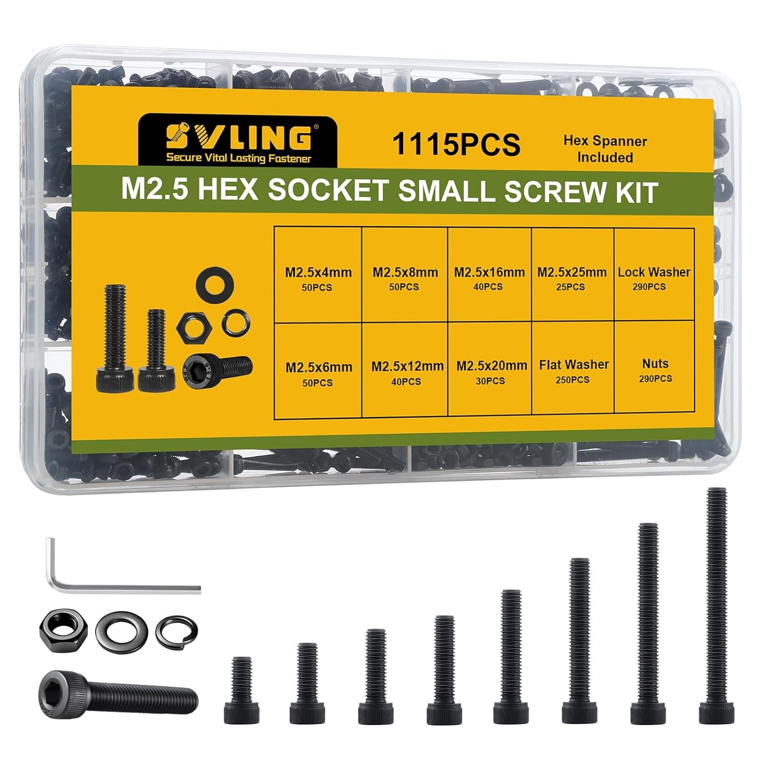 M2 M2.5 M3 M4 M5 M6 Hex Socket Head Cap Screws Bolts Nuts Washers Assortment Kit