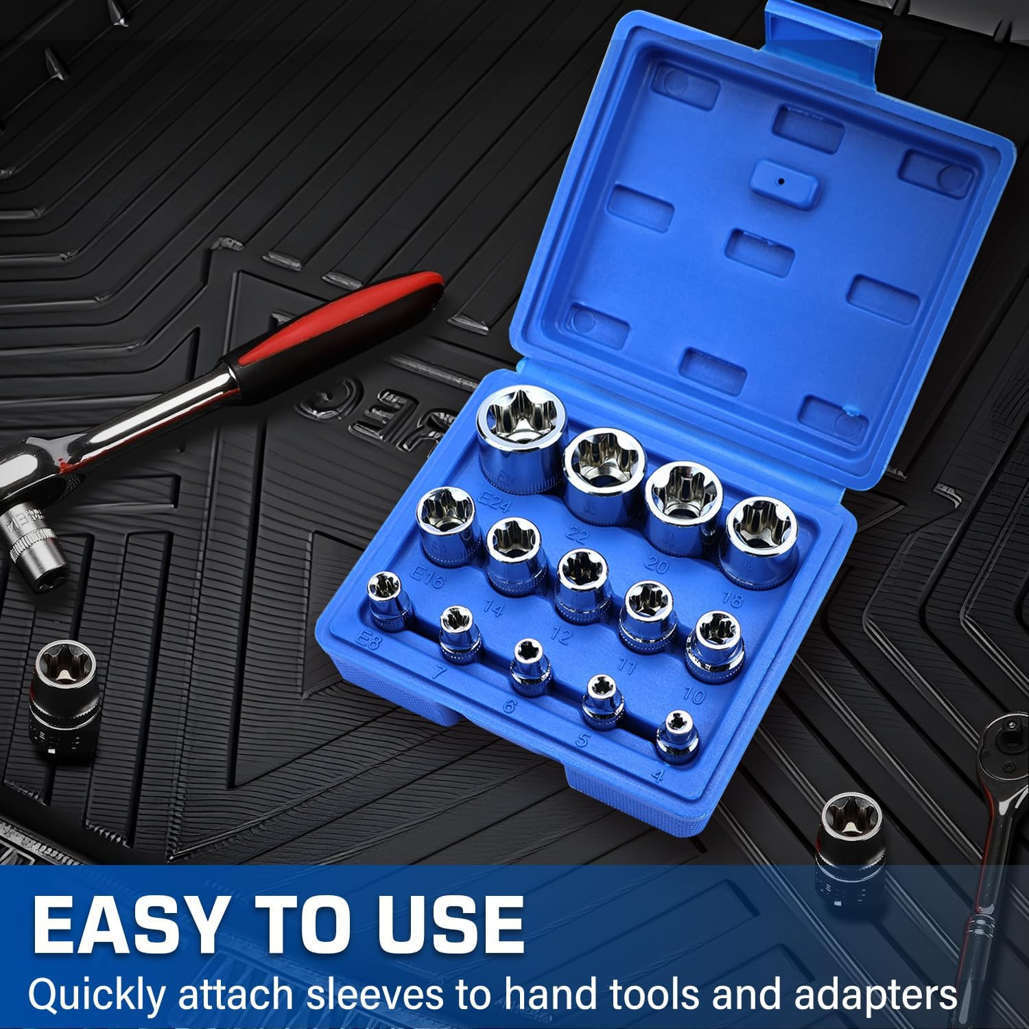 14-Piece Female E-Torx Socket Set, E4-E24 External Star Sockets, 1/4″ 3/8″ 1/2″