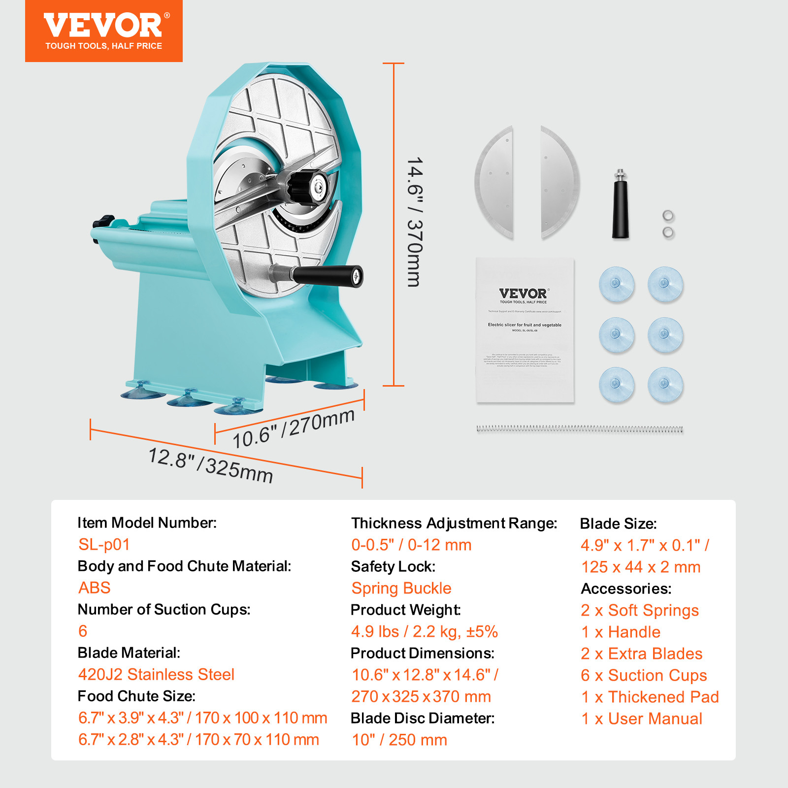 VEVOR Manual Vegetable Fruit Slicer 0-0.5in Thickness Adjustable Dual Feed Ports