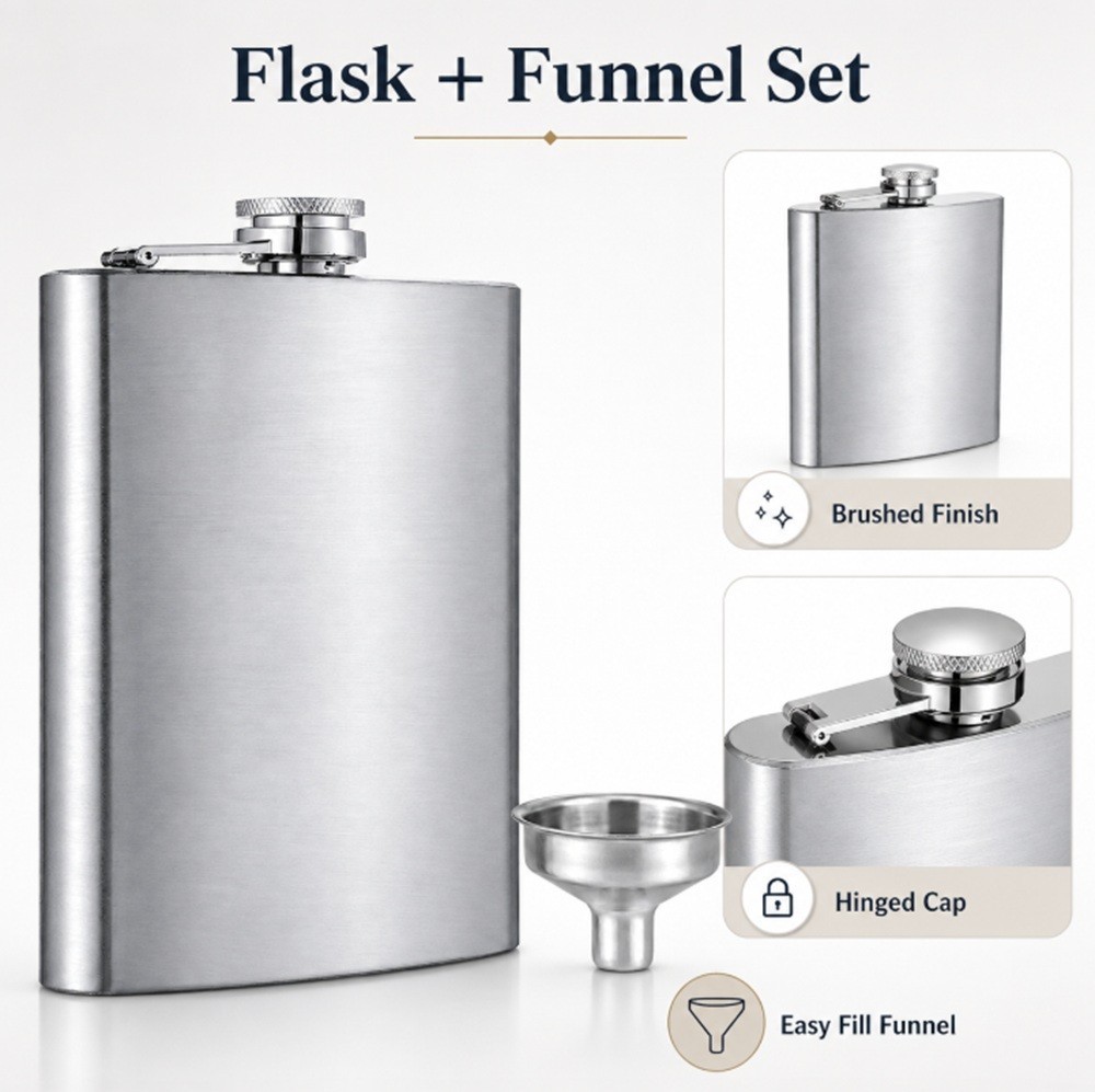 Stainless Steel Pocket Hip Flask -6 8 10 oz Liquor Flask with Screw Cap & Funnel