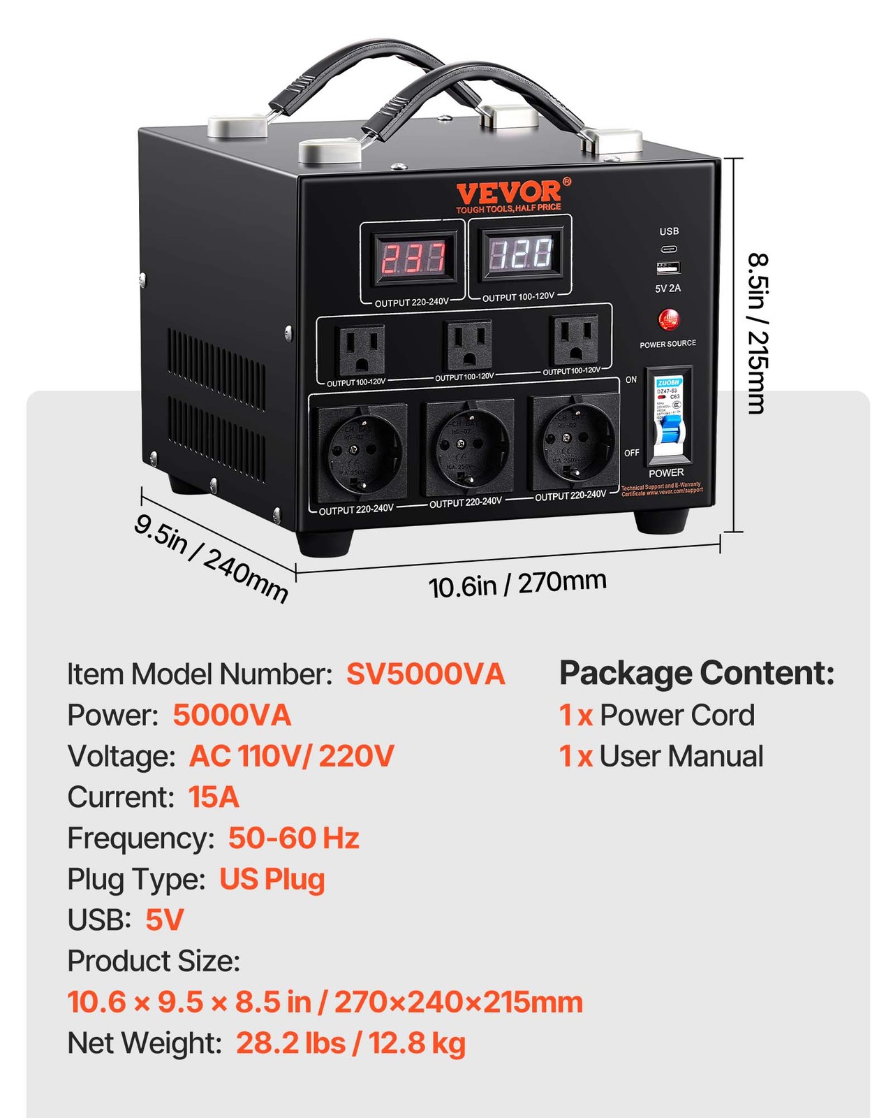 VEVOR 5000W Voltage Converter Transformer Step Up/Down 220V-110V /110V-220V CE