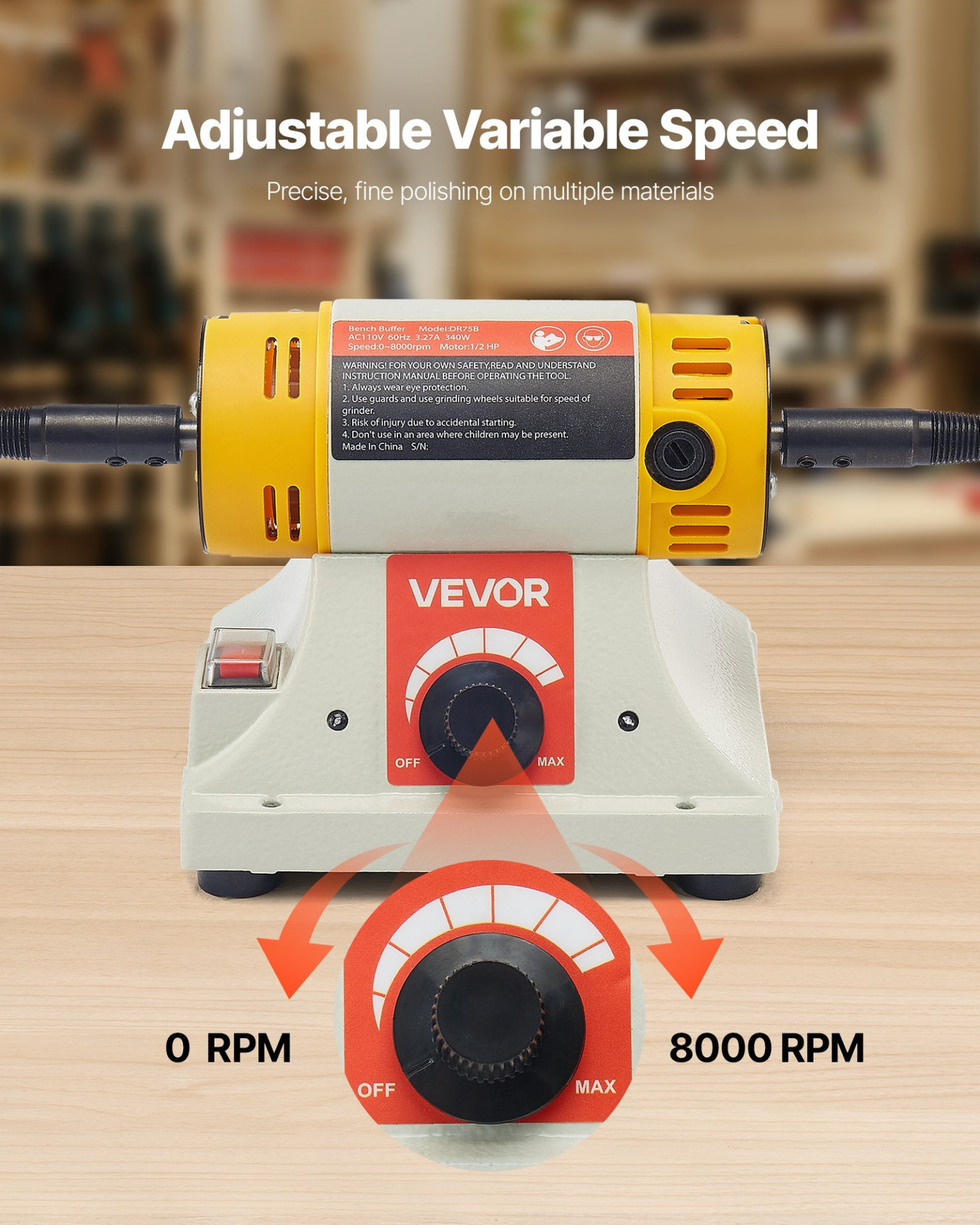 VEVOR Bench Buffer Polisher, 1/2HP Polishing and Buffing Machine, 0 to 8000RPM B