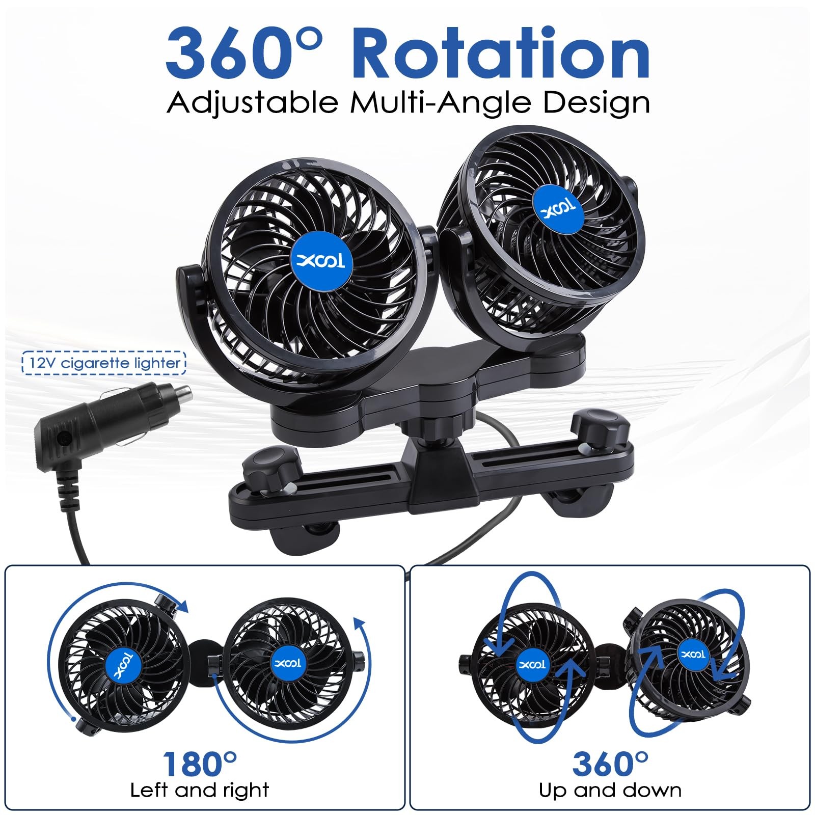 12V Car Fan 2 Head Rotatable Stepless Speed Air Cooler For Vehicles SUV RV
